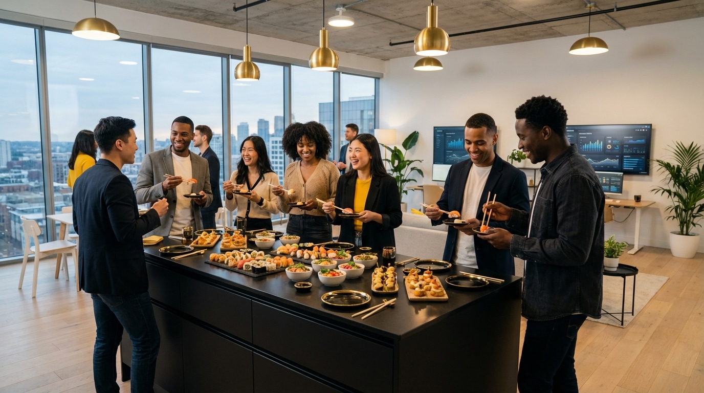 קייטרינג מקצועי לאירוע חברה עם מגשי אירוח מעוצבים ומנות שף איכותיות מבית נויה פוד